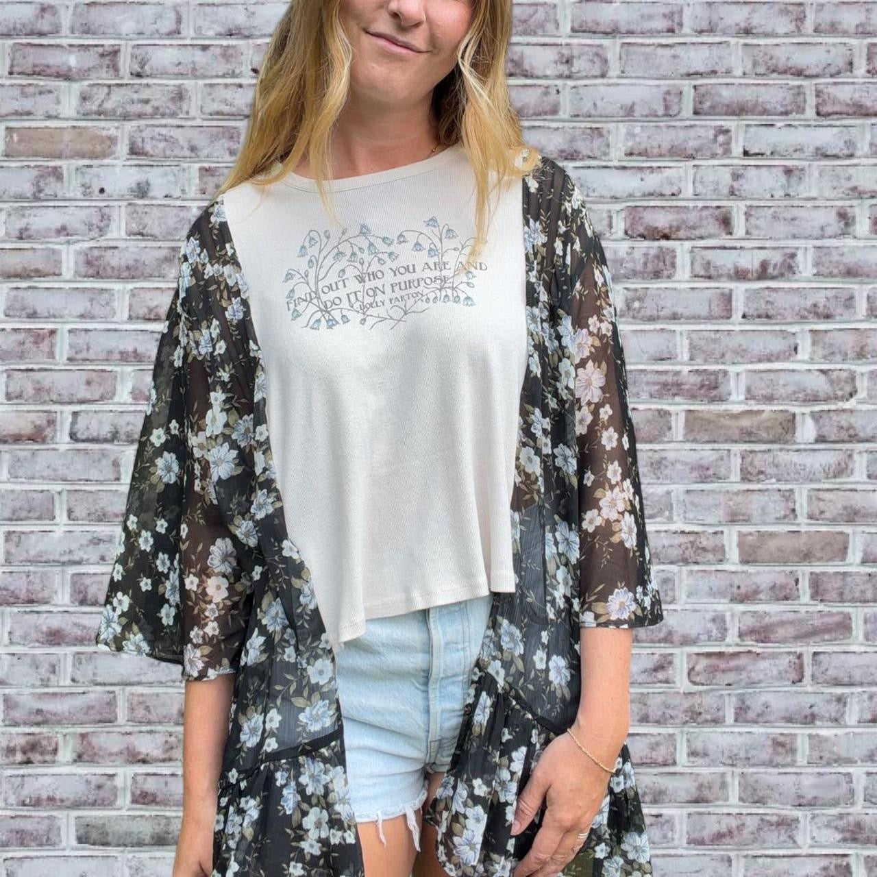 Dolly Parton Blue and Black Floral tee