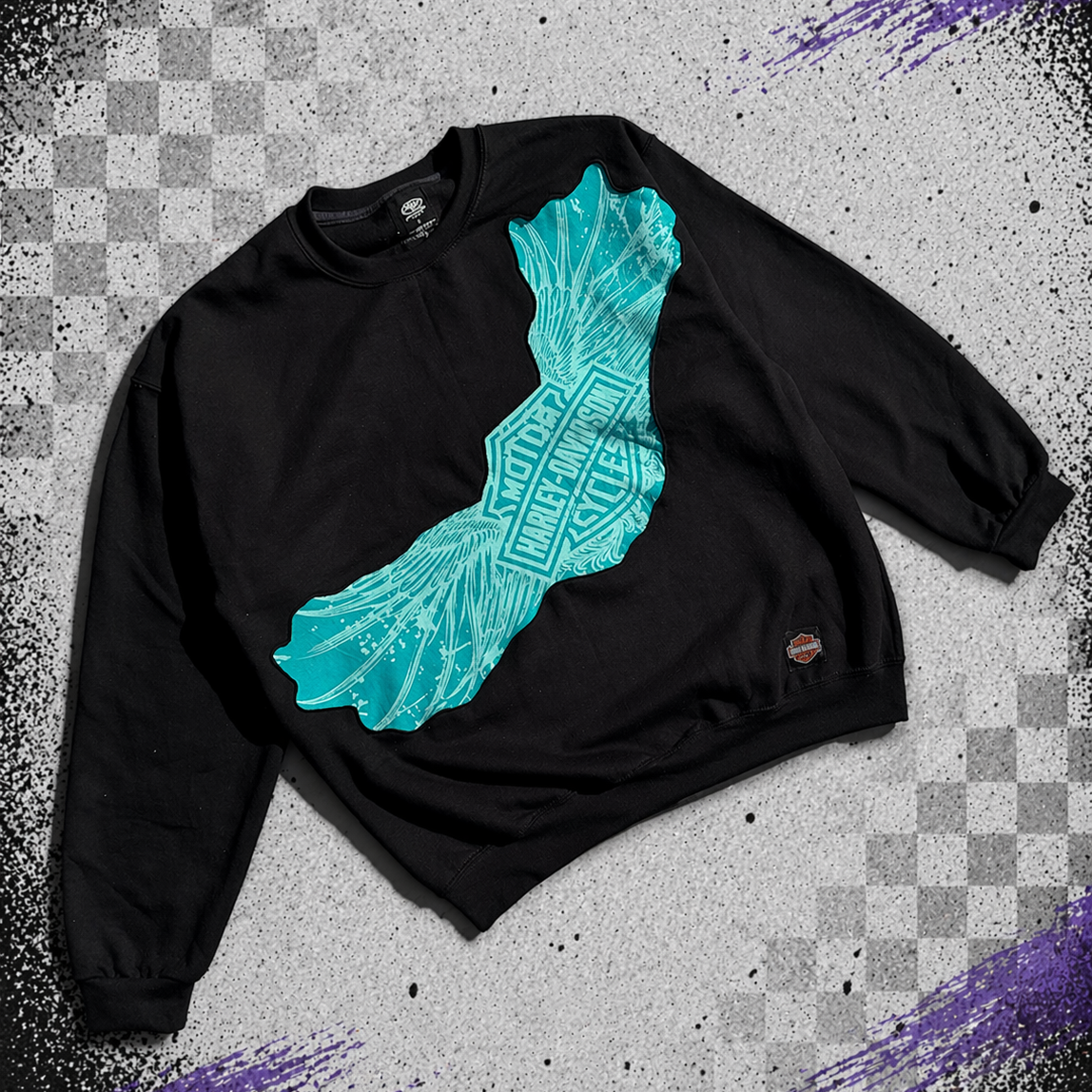 Black sweatshirt with teal graphic design on a textured background