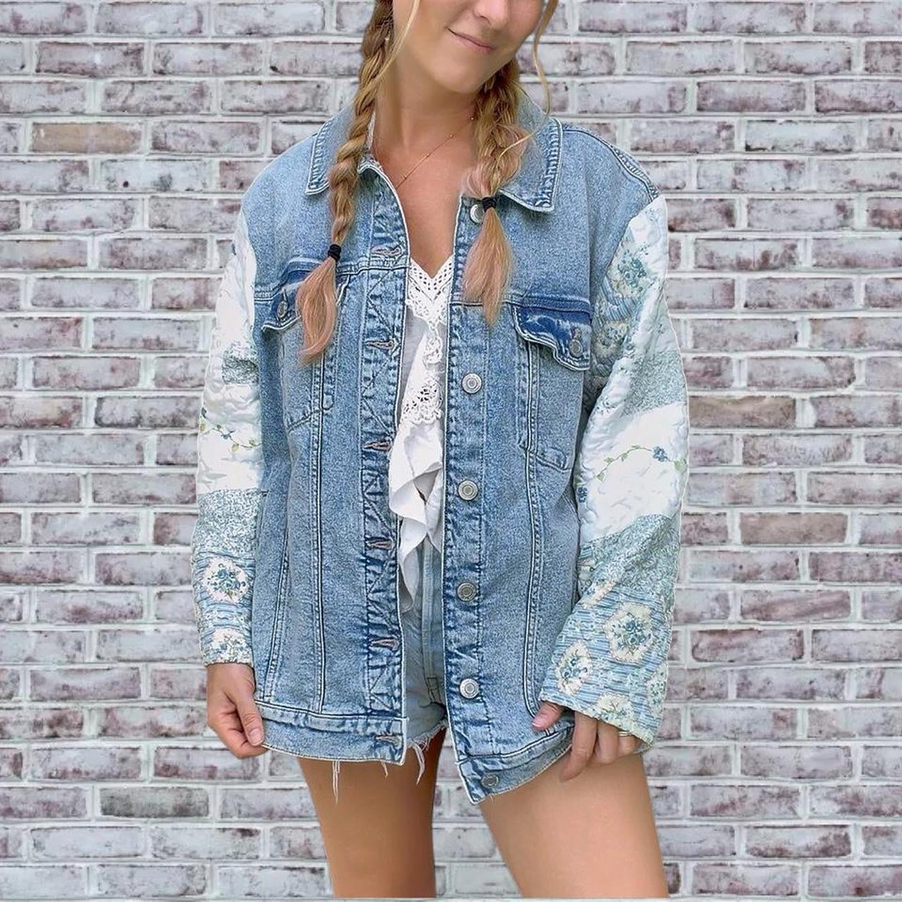 Blue Floral Quilted Denim Jacket