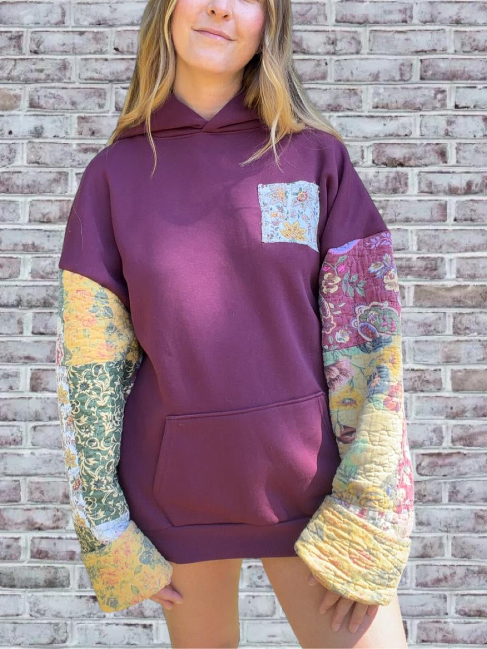 Patchwork Floral Quilted Sleeve Hoodie