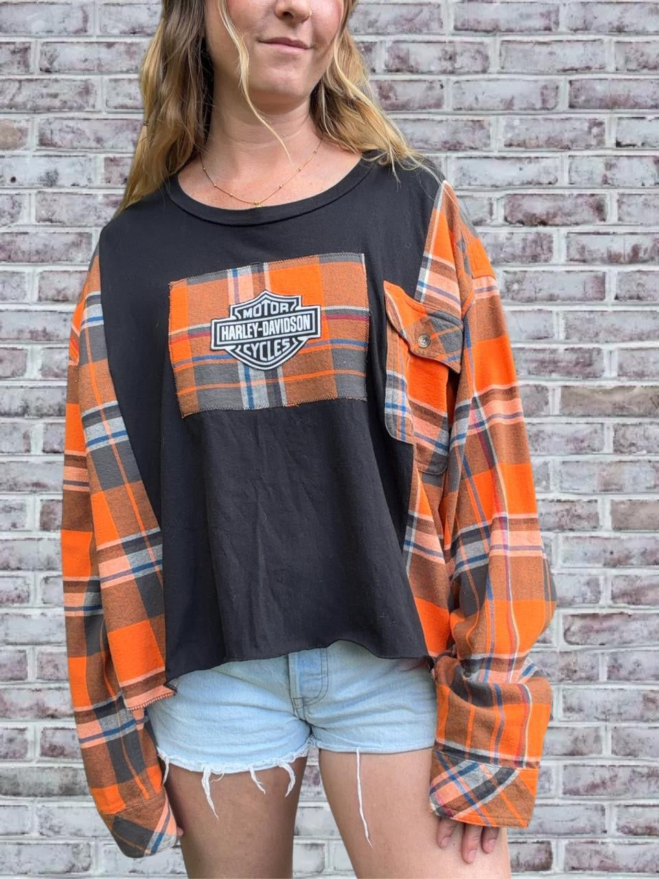Harley Davidson orange patchwork flannel