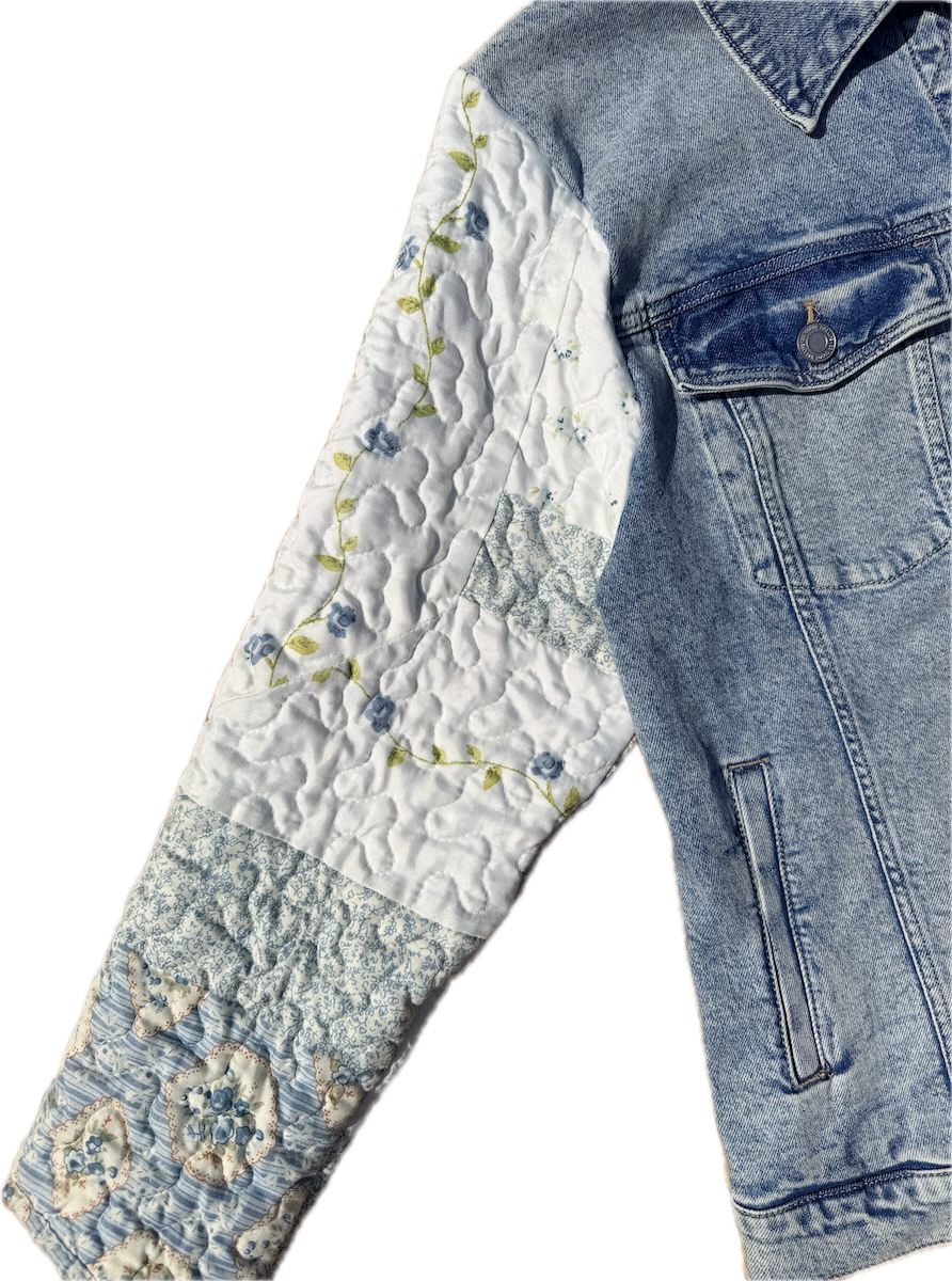 Blue Floral Quilted Denim Jacket