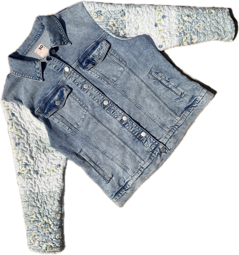 Blue Floral Quilted Denim Jacket